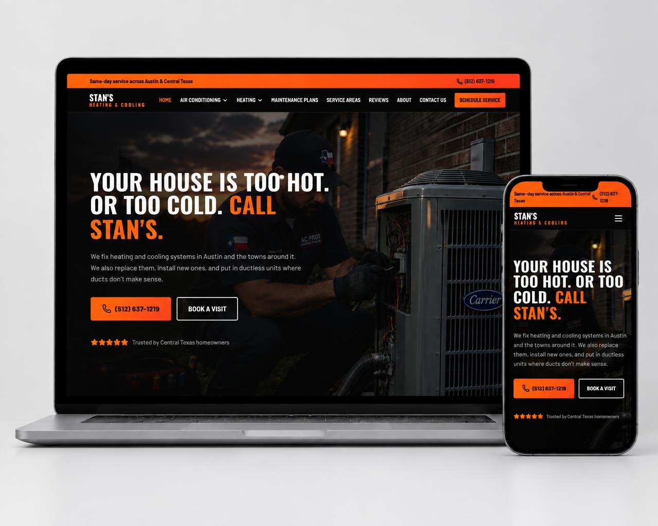 HVAC website shown on laptop and phone